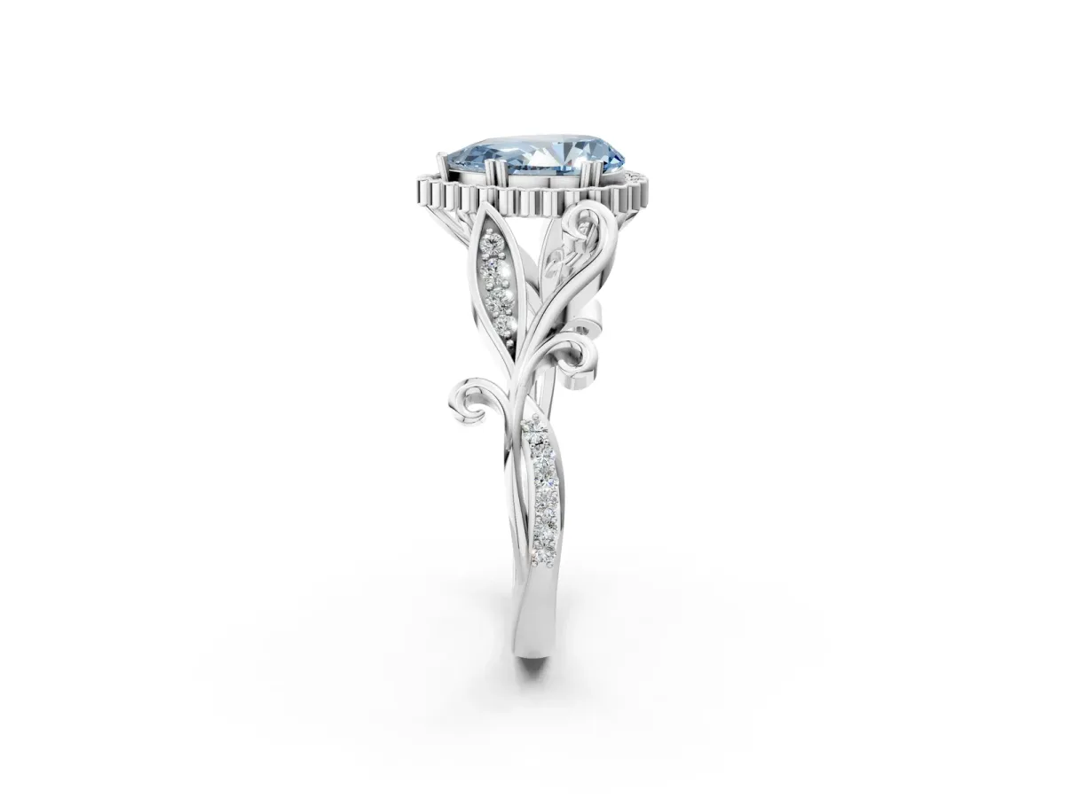 Fancy Blue Pear Cut Diamond Halo Ring with Vintage Split Shank and Four-Prong Setting Platinum
