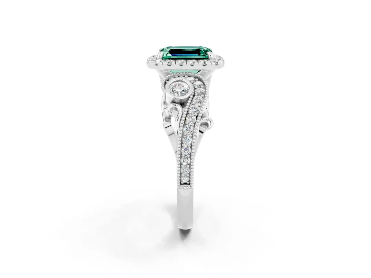Emerald Cut Green Sapphire Halo Ring with Milgrain Pavé Band and Four-Prong Setting White gold