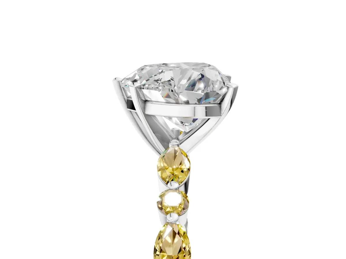 Heart Cut Diamond Ring with Marquise and Round Yellow Sapphire Side Stones and Four-Prong Setting Platinum