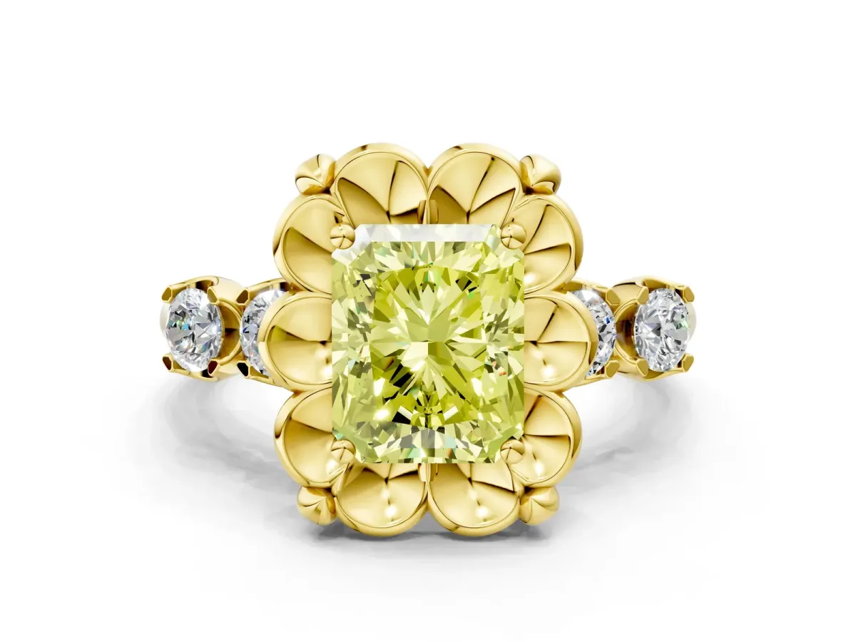 Fancy Yellow Radiant Cut Cut Diamond Floral Halo Engagement Ring with Shared Prong Setting Yellow gold