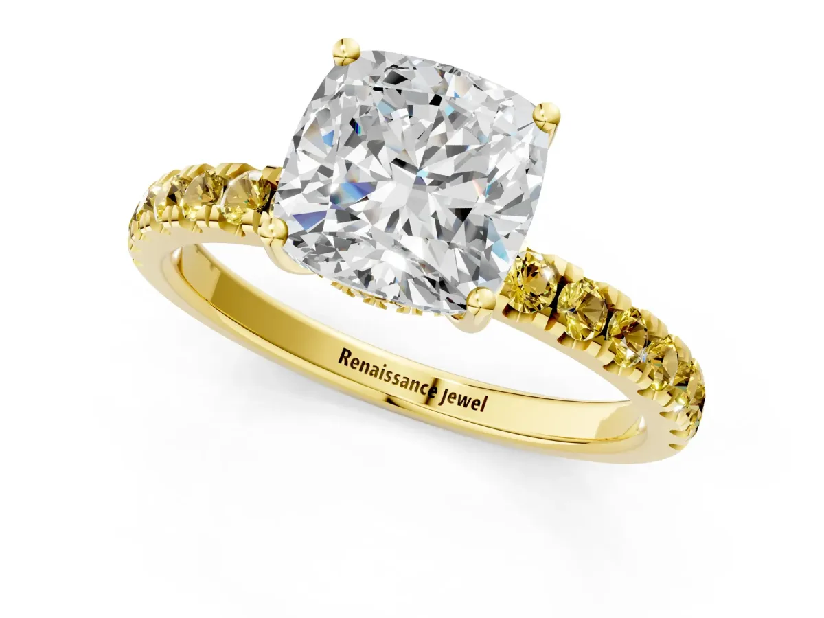 Cushion Cut Diamond Pave Band Solitaire Ring with Round Yellow Sapphire and Prong Setting Yellow gold