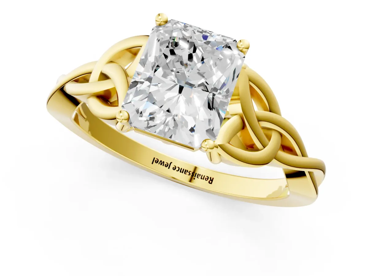 Radiant Cut Diamond Solitaire Engagement Ring with Celtic Knot Band and Four-Prong Setting Yellow gold