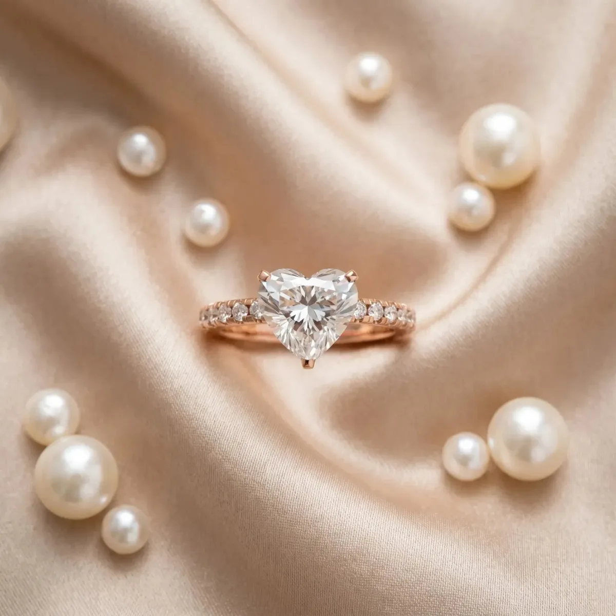 Heart Cut Moissanite Solitaire Ring with Round Pavé Band and Four-Prong Setting Rose gold