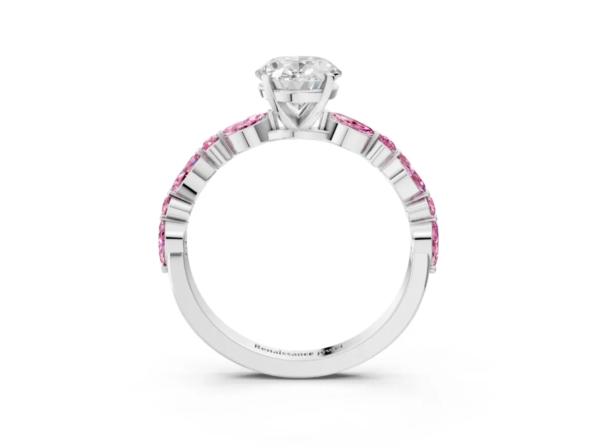 Oval Cut Diamond Ring with Marquise and Round Pink Sapphire Side Stones and Four-Prong Setting White gold