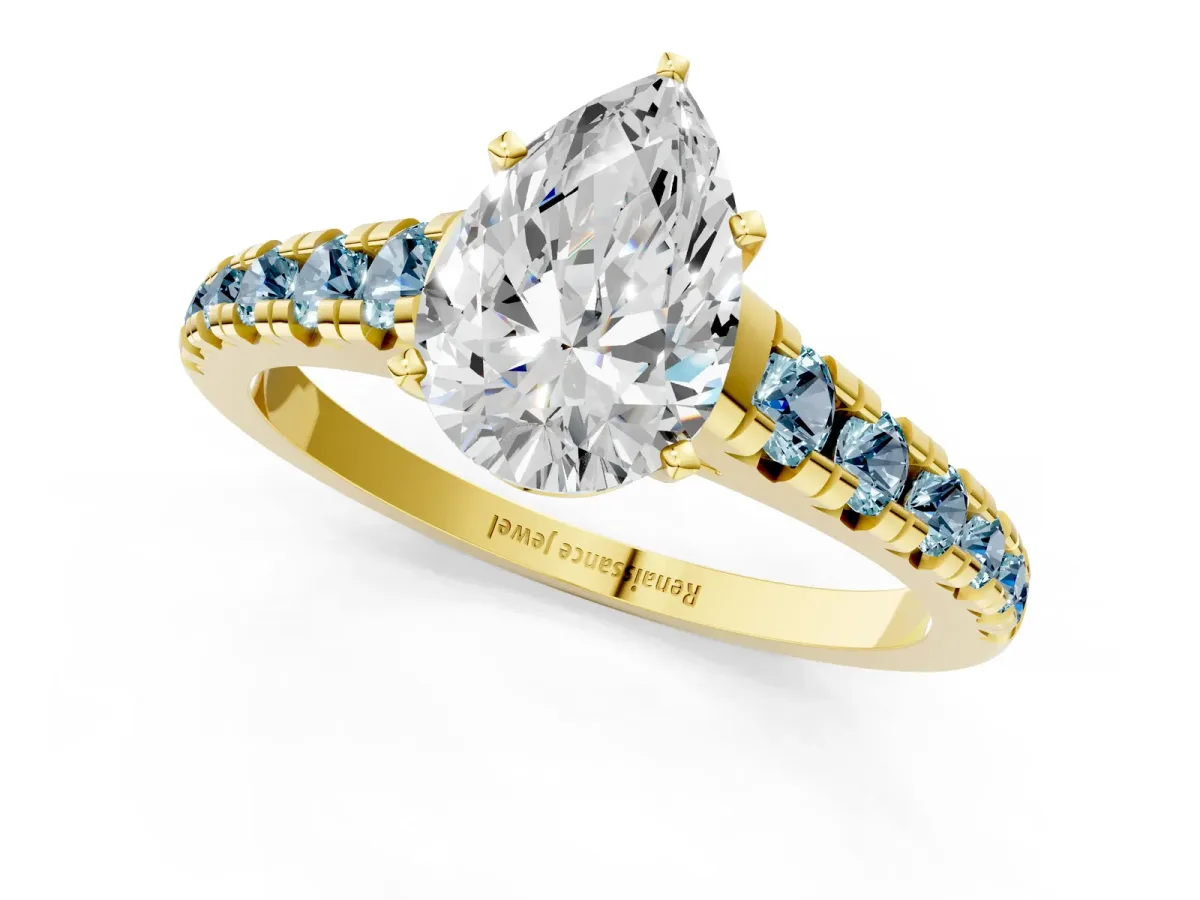 Pear Cut Diamond Cathedral Solitaire Ring with Round Aquamarine Pavé Band Yellow gold