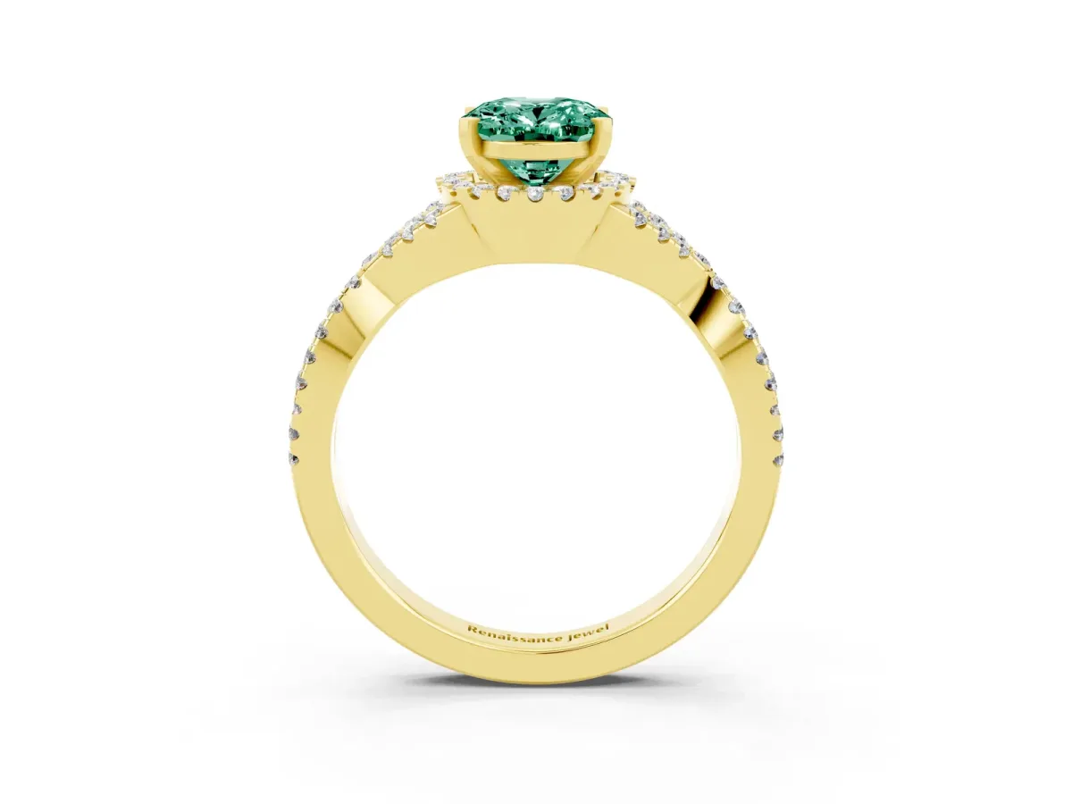 Oval Cut Green Sapphire Halo Twist Band Solitaire Prong Setting Ring Yellow gold