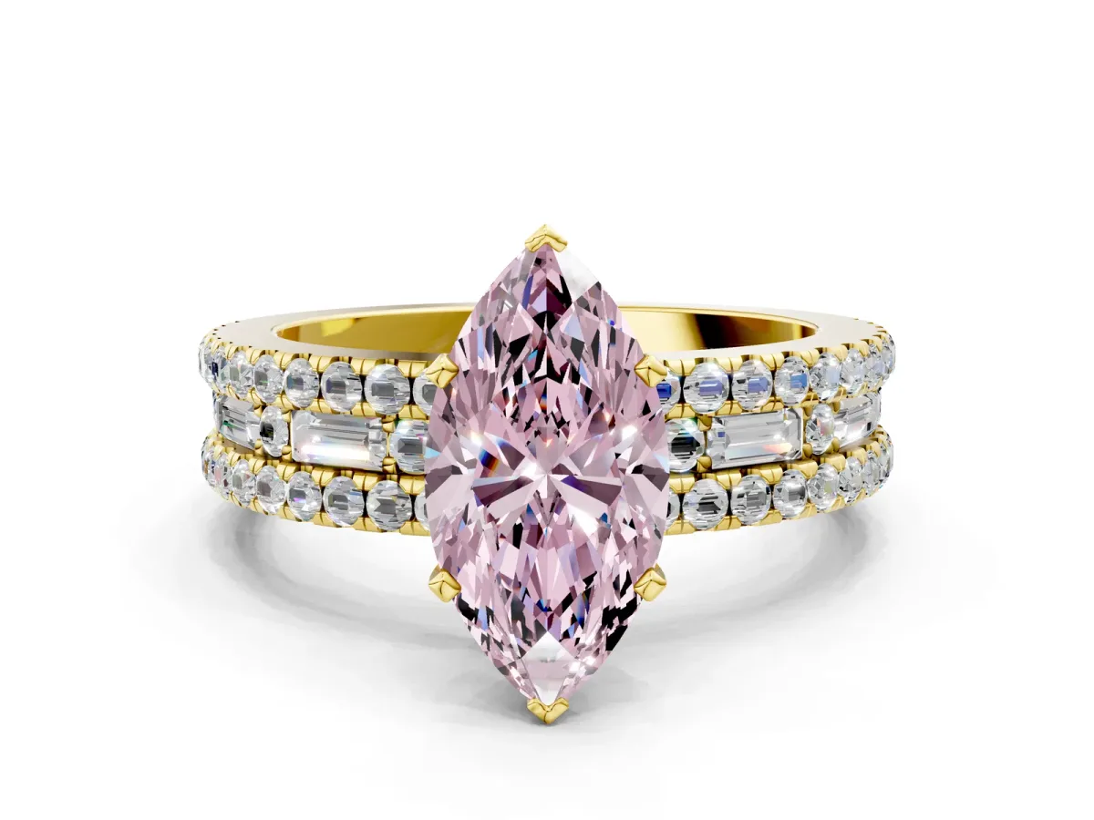Fancy Pink Marquise Cut Diamond Solitaire Ring with Pavé and Channel Set Band Yellow gold