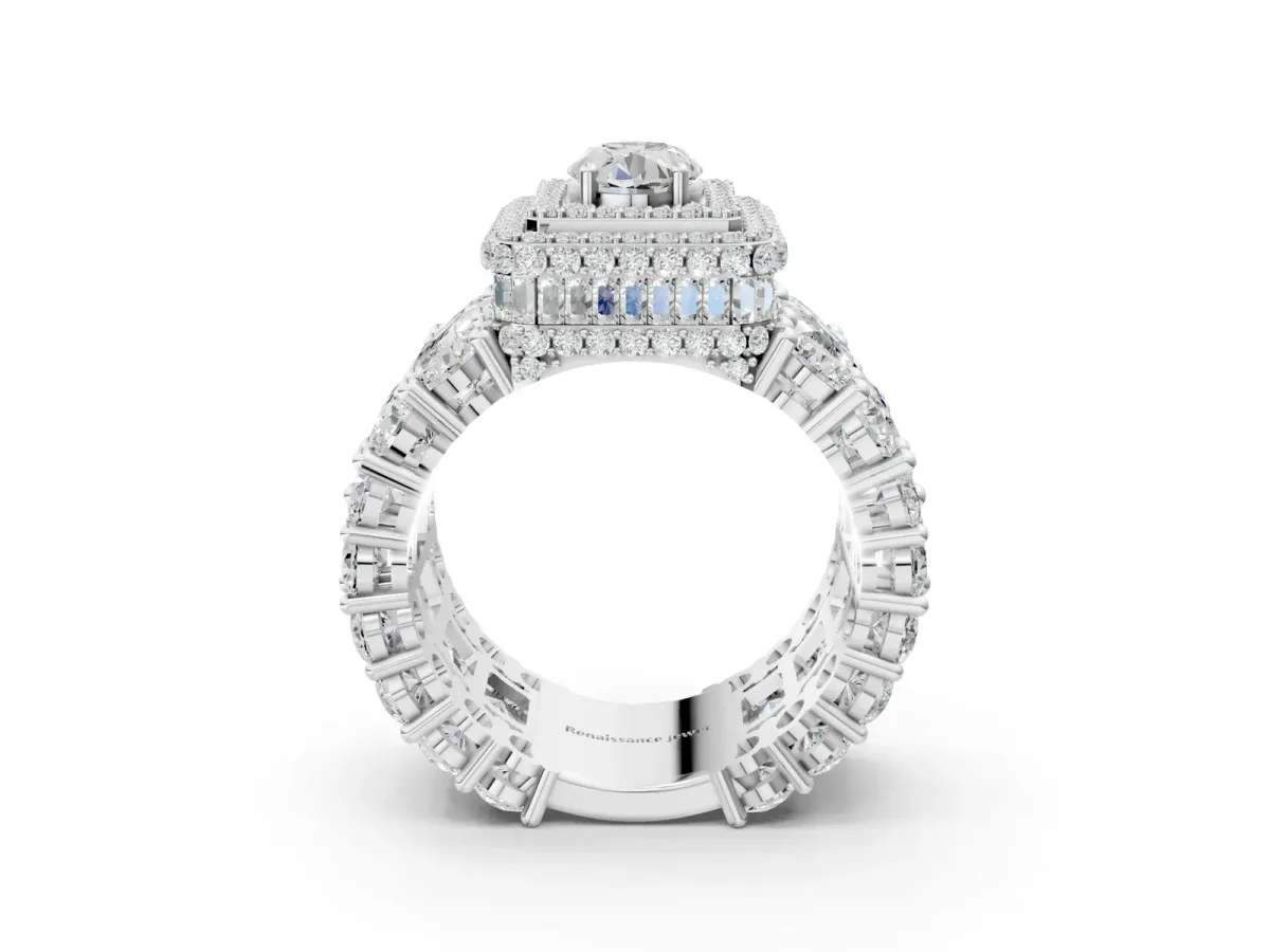 Oval Diamond Halo Mens Ring with Baguette Side Stones White gold