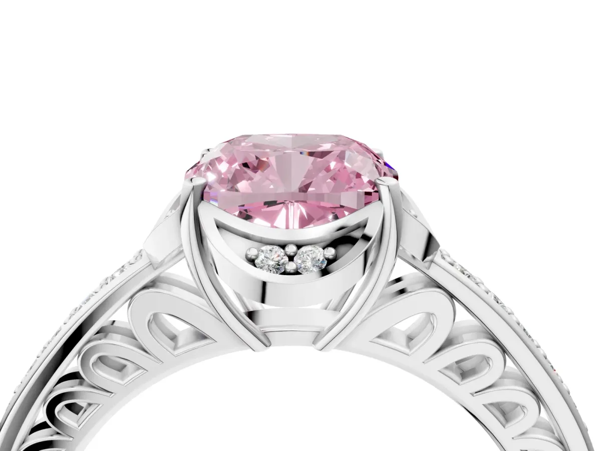 Fancy Pink Cushion Cut Cut Halo Diamond Ring with Channel Set Band and Four-Prong Setting White gold