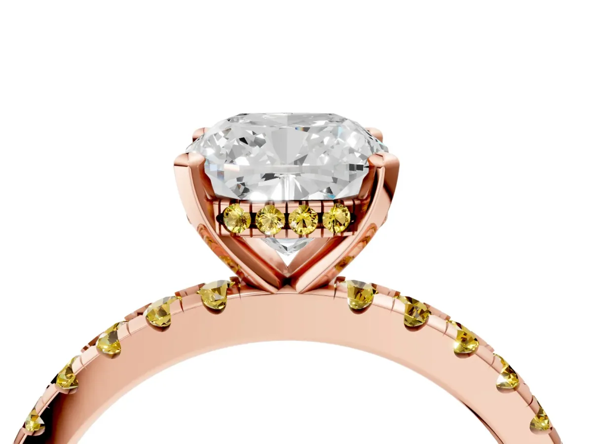 Cushion Cut Diamond Solitaire Ring with Round Yellow Sapphire Pavé Band and Four-Prong Setting Rose gold