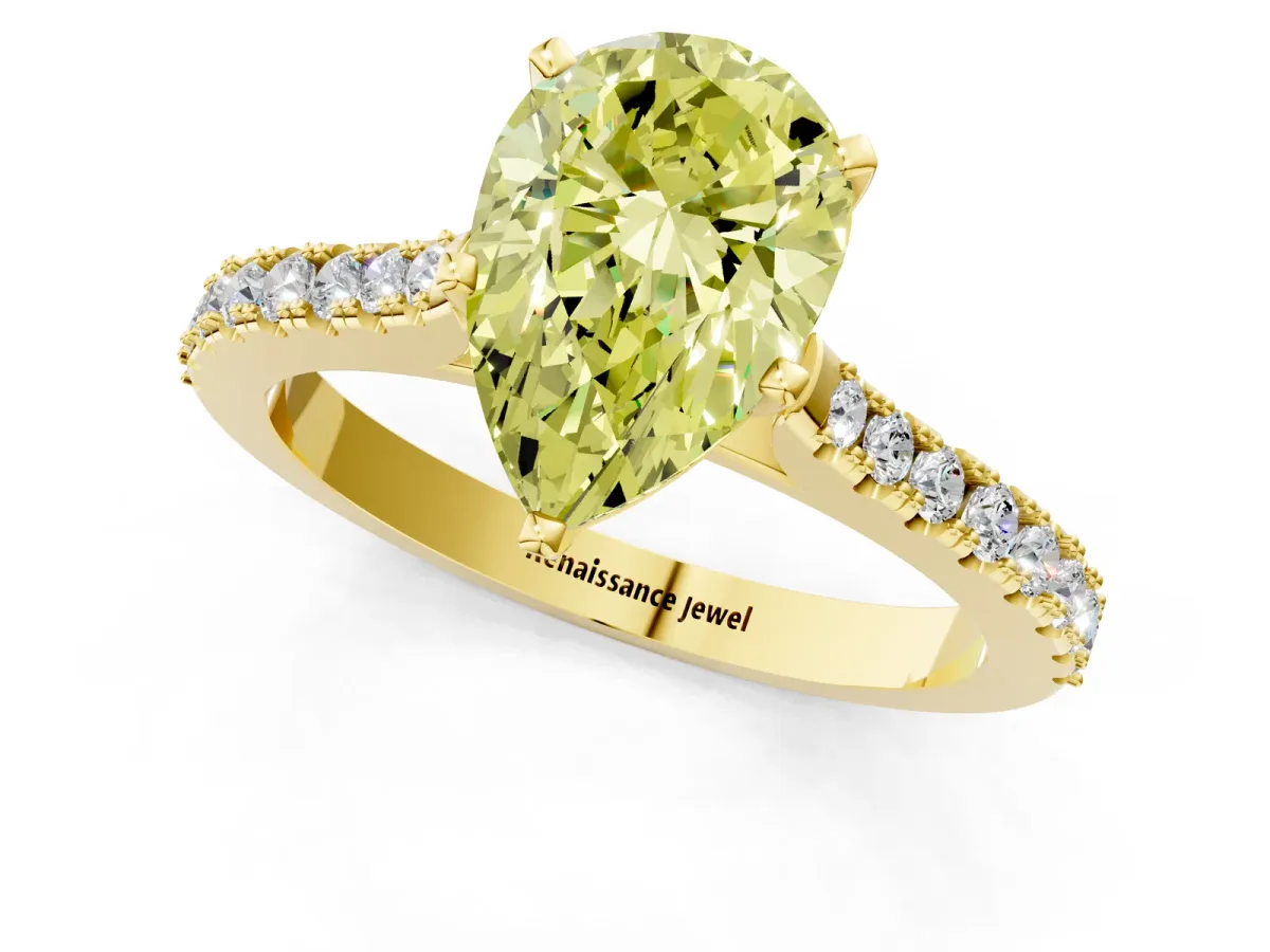 Fancy Yellow Pear Cut Cut Solitaire Diamond Engagement Ring with Pave Band and Four-Prong Setting Yellow gold