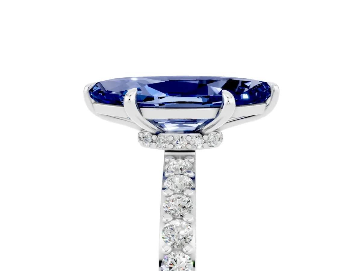 Marquise Cut Blue Sapphire Solitaire Engagement Ring with Pavé Band and Four-Prong Setting White gold