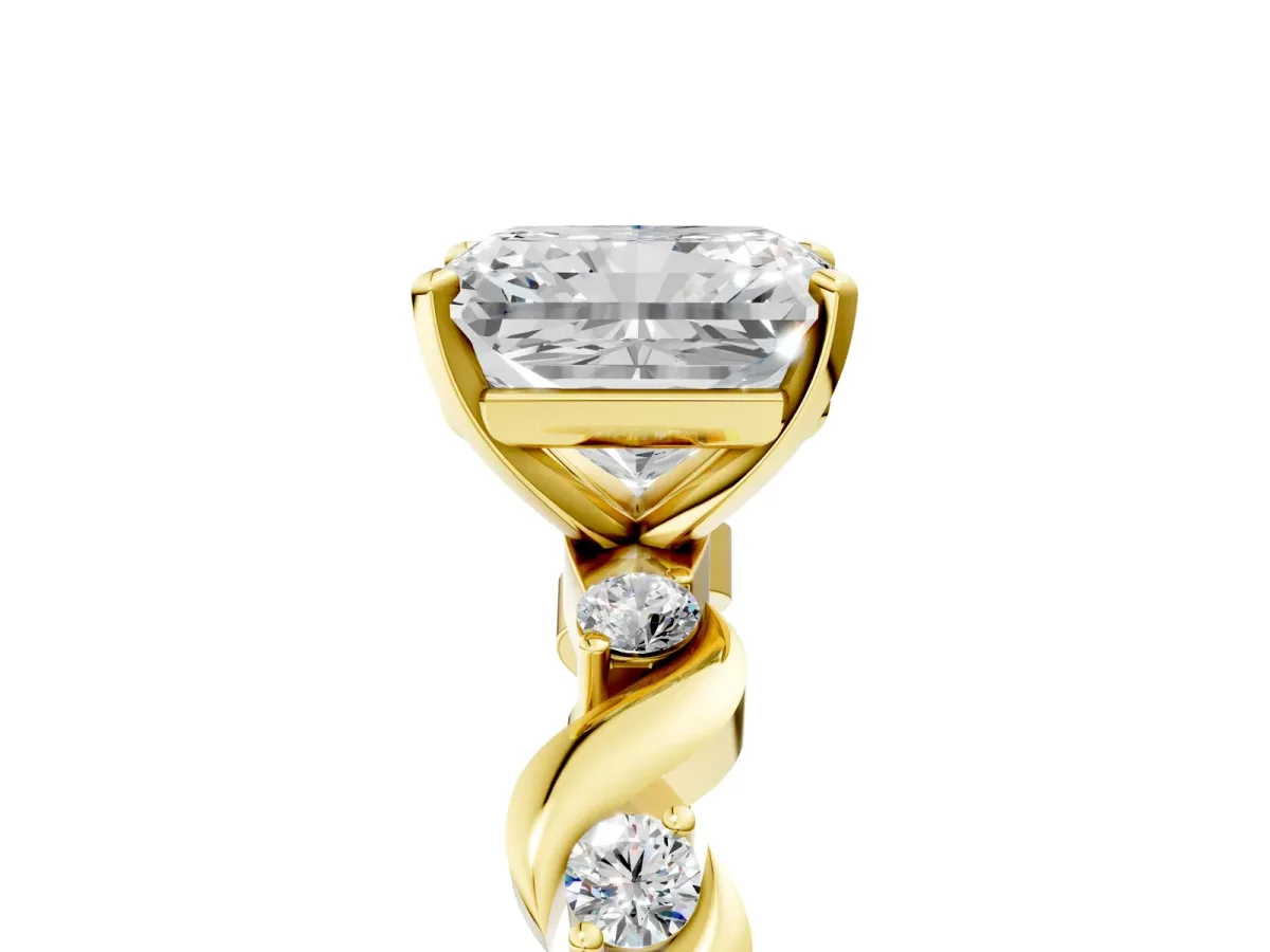 Radiant Cut Diamond Solitaire Twisted Band with Round Accents and Prong Setting Yellow gold