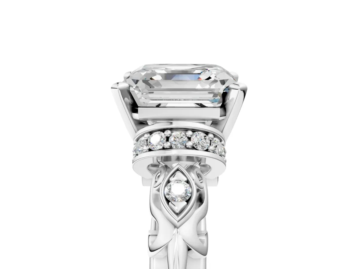 Asscher Cut Diamond Solitaire Ring with Filigree Band and Four-Prong Setting Platinum