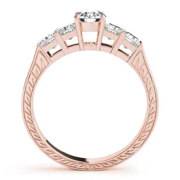 Emerald Cut Solitaire Princess Side Stone Engraved Band Prong Setting Ring Rose gold