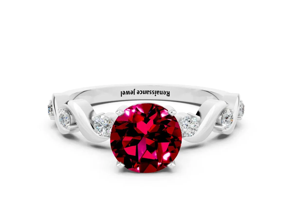 Round Cut Garnet Solitaire Twisted Band with Round Accents and Prong Setting Silver