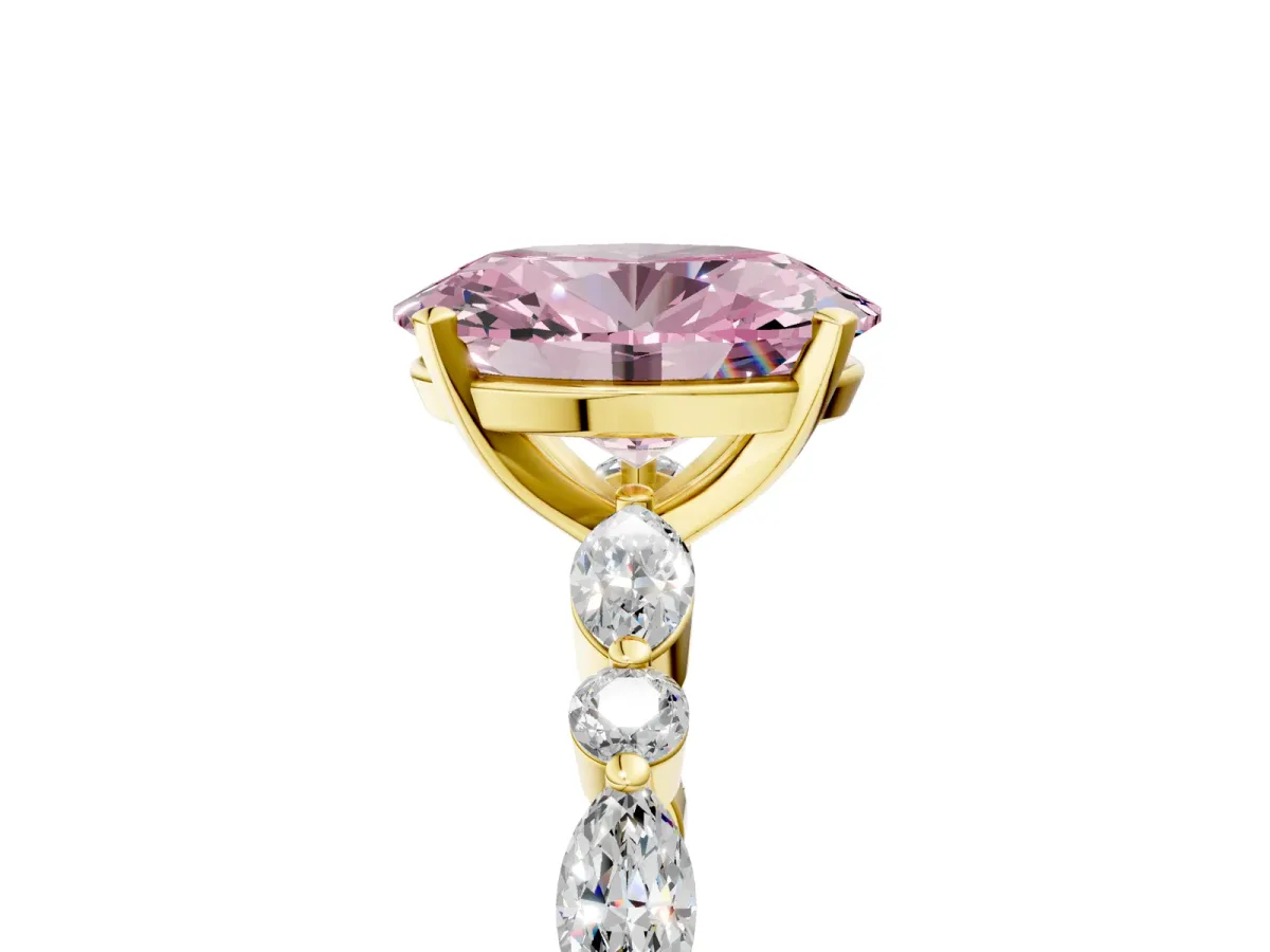 Fancy Pink Oval Cut Diamond Ring with Marquise and Round Side Stones and Four-Prong Setting Yellow gold