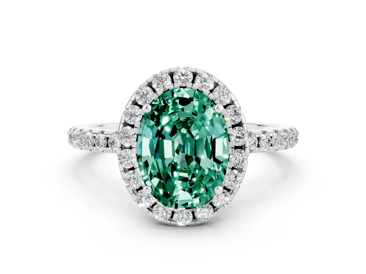 Oval Cut Green Sapphire Halo Ring with Round Pavé Band and Prong Setting White gold