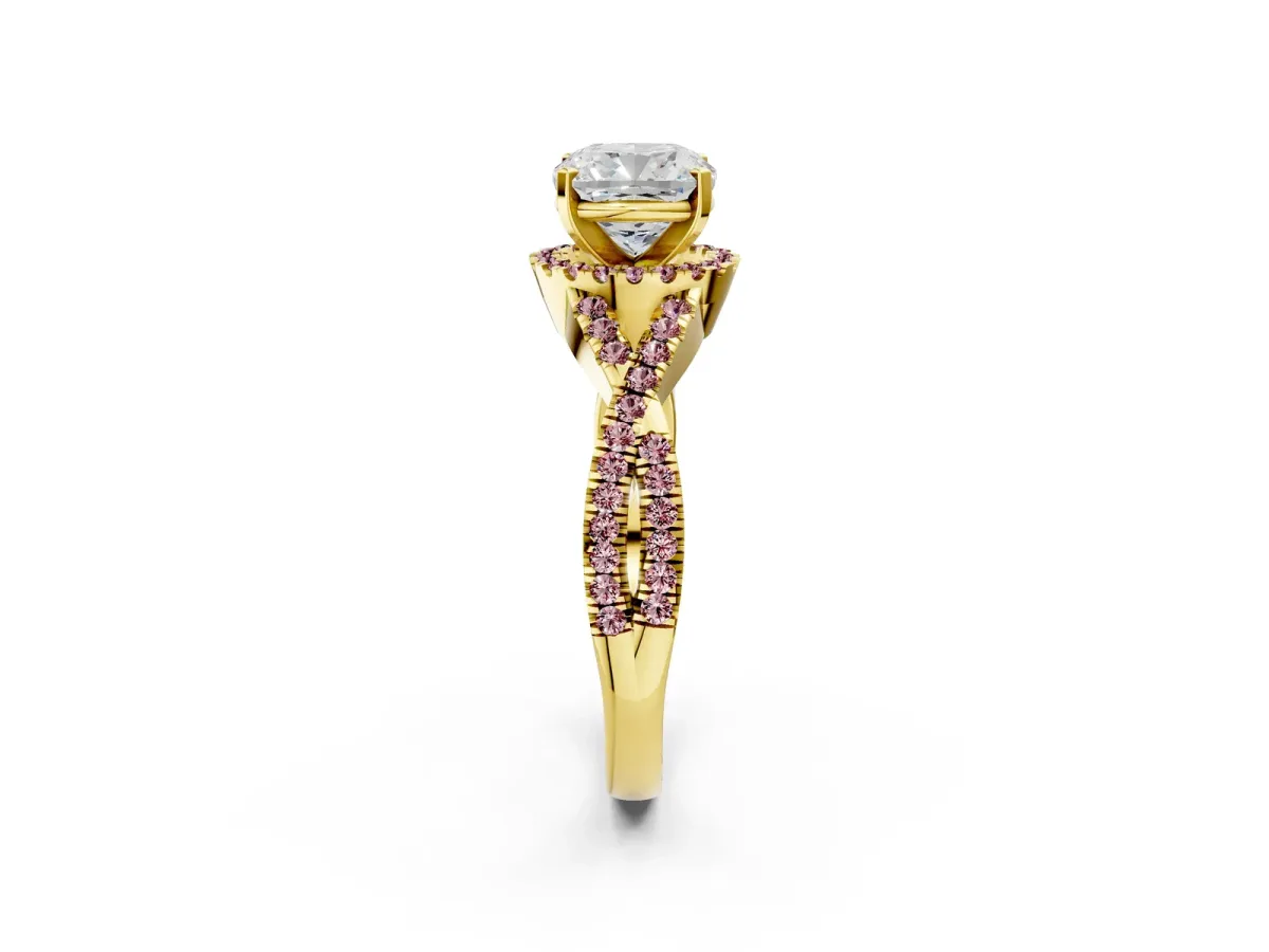 Cushion Cut Diamond Morganite Halo Twist Band Solitaire Prong Setting Ring Yellow gold