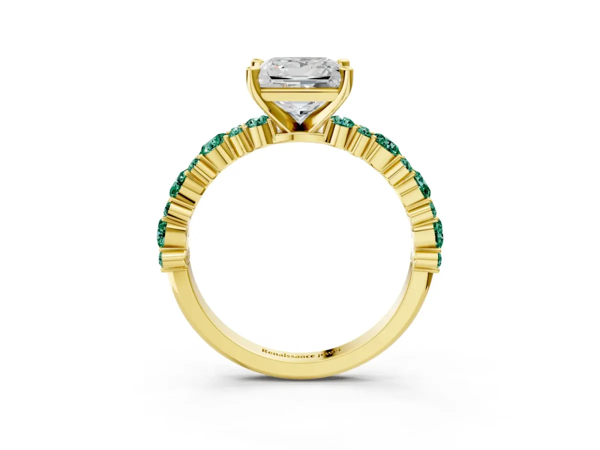 Princess Cut Diamond Side Stone Solitaire Ring with Round Green Sapphire and Four-Prong Setting Yellow gold