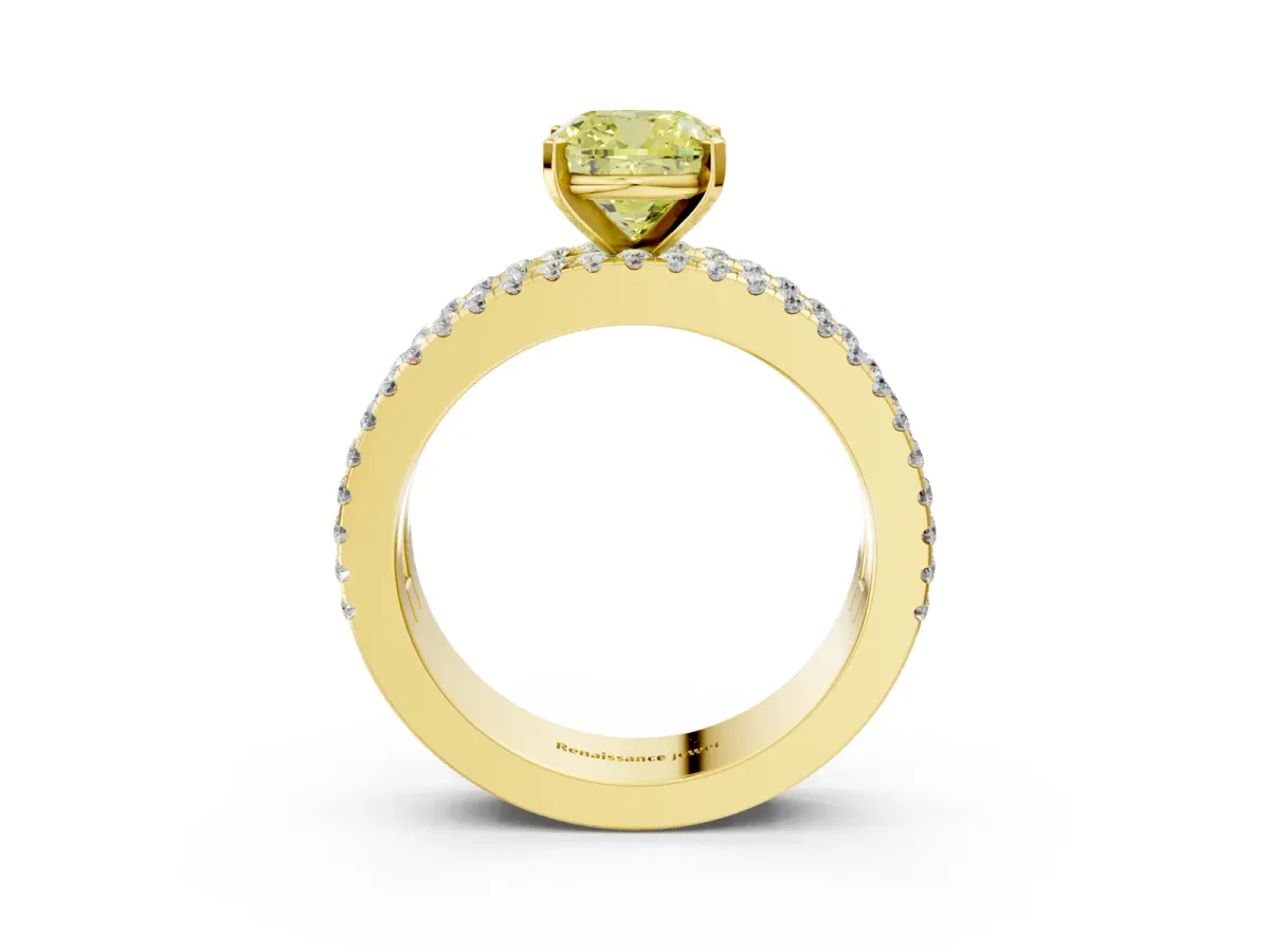 Fancy Yellow Cushion Cut Diamond Solitaire Ring with Pavé and Channel Set Band Yellow gold