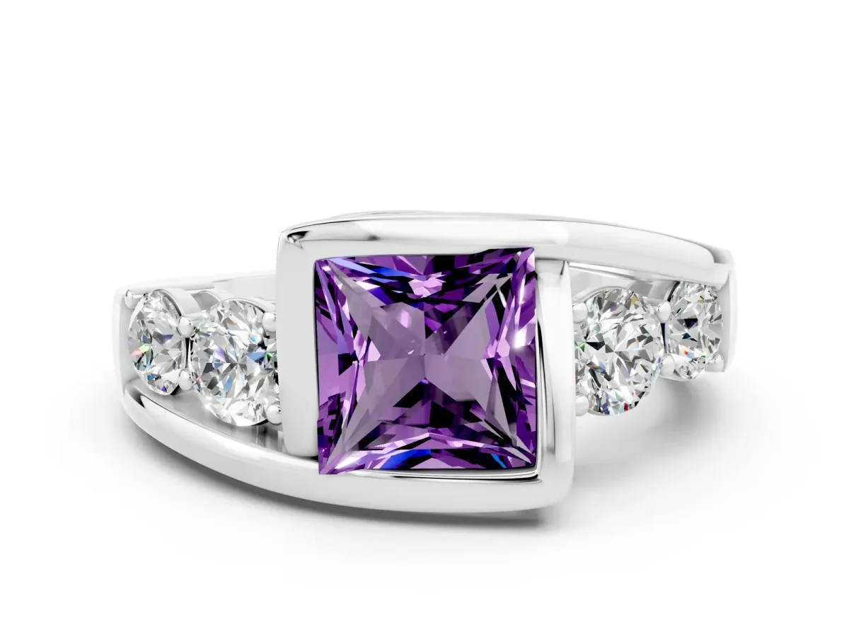 Bezel Set Princess Cut Amethyst Bypass Ring with Round Accents Silver