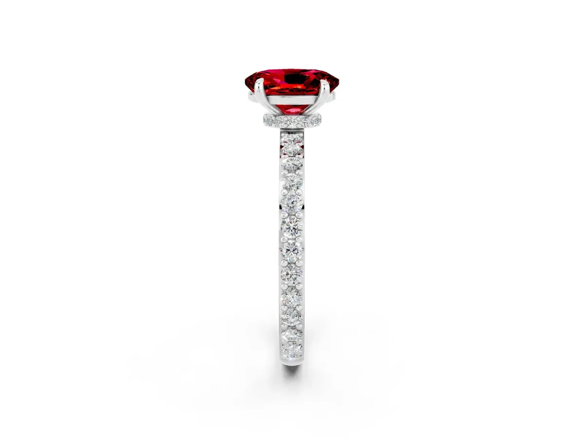 Oval Cut Ruby Solitaire Engagement Ring with Pavé Band and Four-Prong Setting White gold