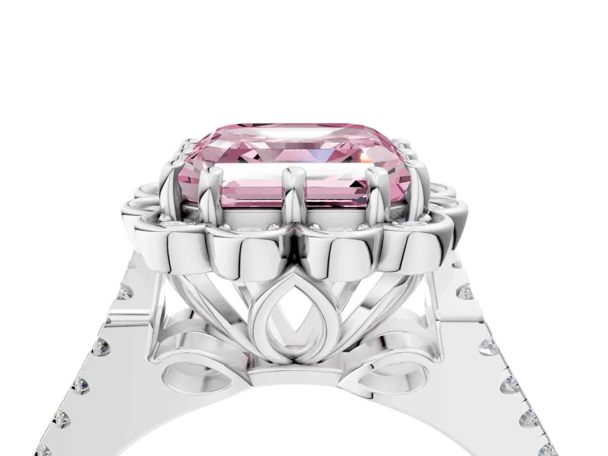 Fancy Pink Asscher Cut Halo Diamond Floral Split Shank Engagement Ring Platinum