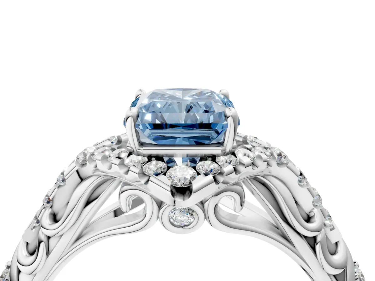 Fancy Blue Radiant Cut Diamond Solitaire Ring with Hidden Halo and Pavé Band White gold