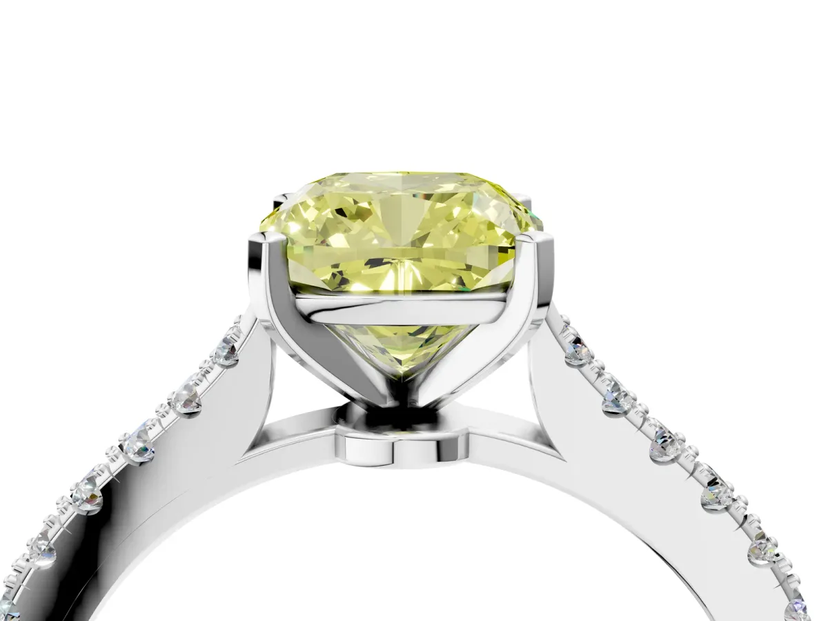 Fancy Yellow Cushion Cut Cut Solitaire Diamond Engagement Ring with Pave Band and Four-Prong Setting White gold