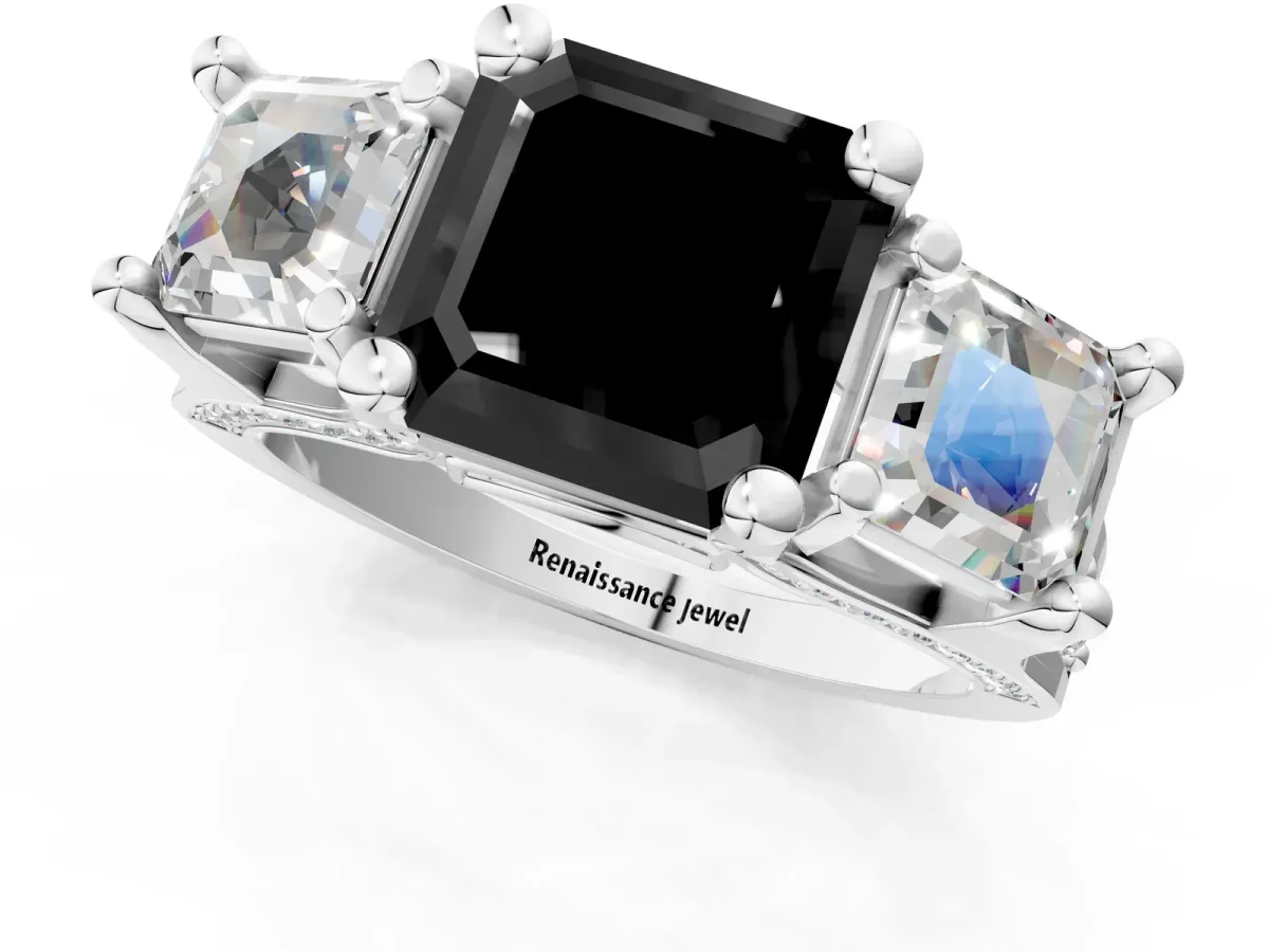 Fancy Black Asscher Cut Diamond Three-Stone Ring with Channel Set Band and Four-Prong Setting Platinum