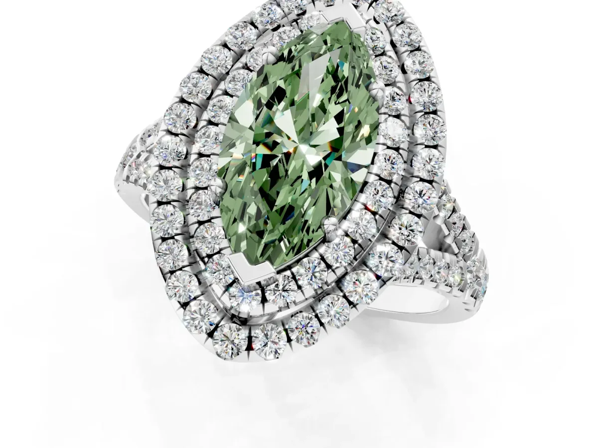 Fancy Green Double Halo Marquise Cut Diamond Pavé Split Shank Ring with Prong Setting Silver