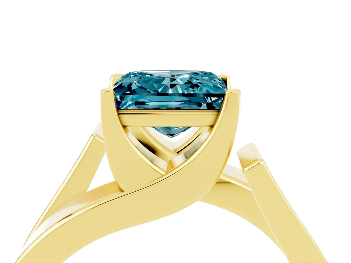 Modern Tension Set Princess Cut Blue Topaz Solitaire Wide Band Ring Yellow gold