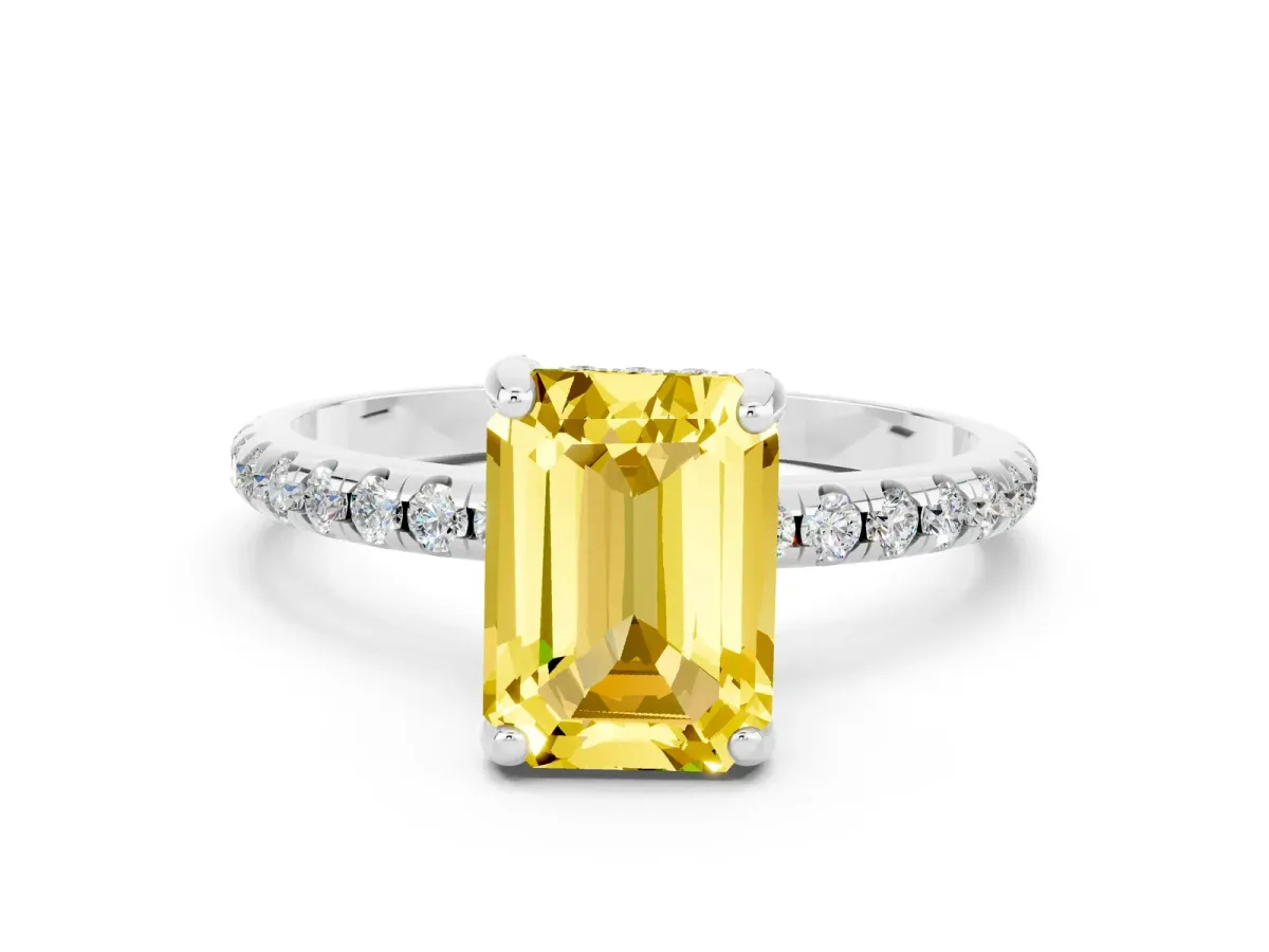 Emerald Cut Yellow Sapphire Hidden Halo Engagement Ring with Round Pavé Band and Prong Setting Silver