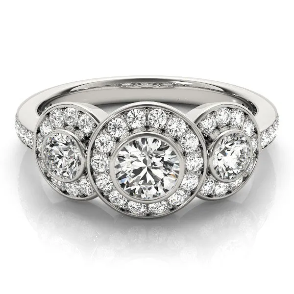 Three-Stone Asscher Cut Halo Pavé Diamond Ring Platinum