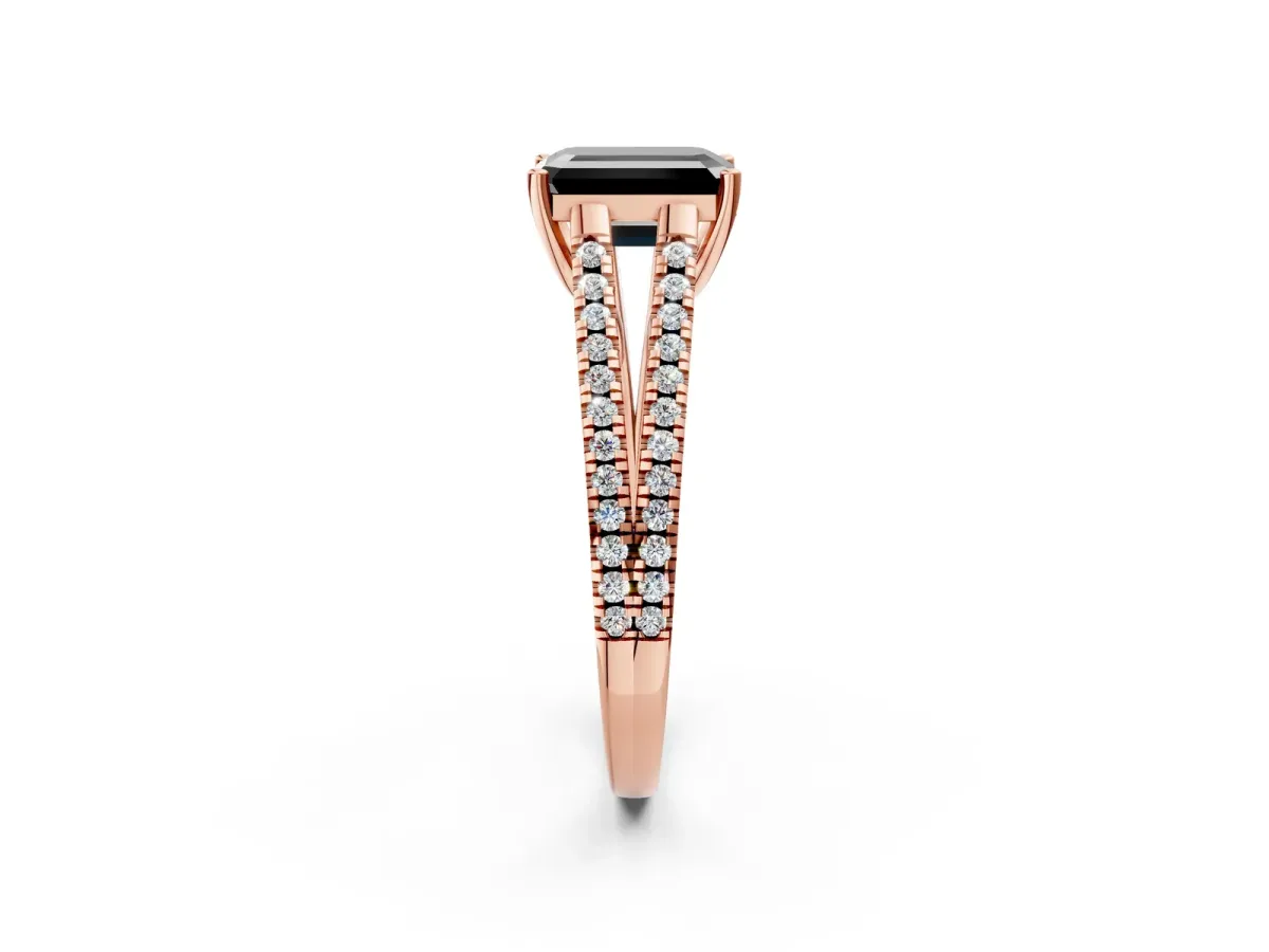 Fancy Black Emerald Cut Diamond Solitaire Engagement Ring with Split Shank Pavé Band Rose gold