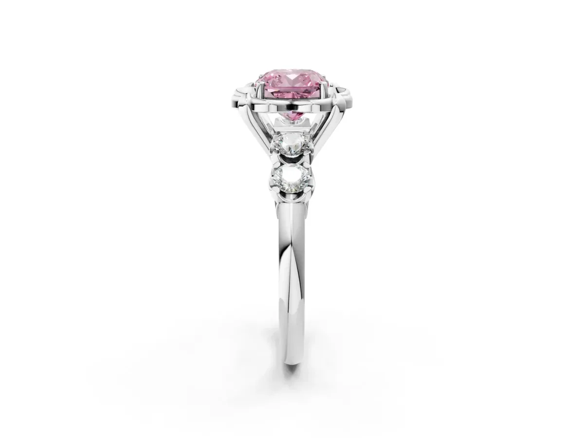 Fancy Pink Cushion Cut Cut Diamond Floral Halo Engagement Ring with Shared Prong Setting Silver