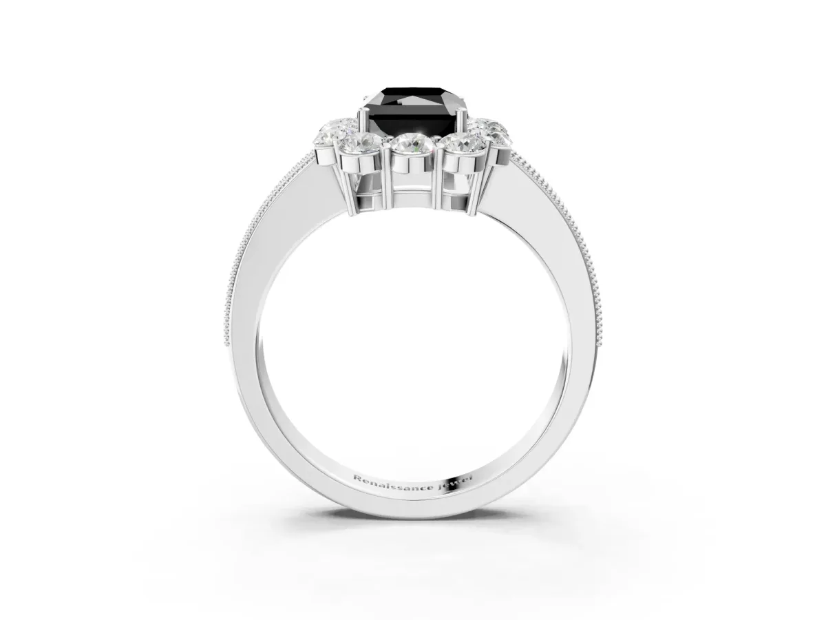 Fancy Black Radiant Cut Cut Halo Diamond Pavé Engagement Ring with Milgrain Detailing Platinum