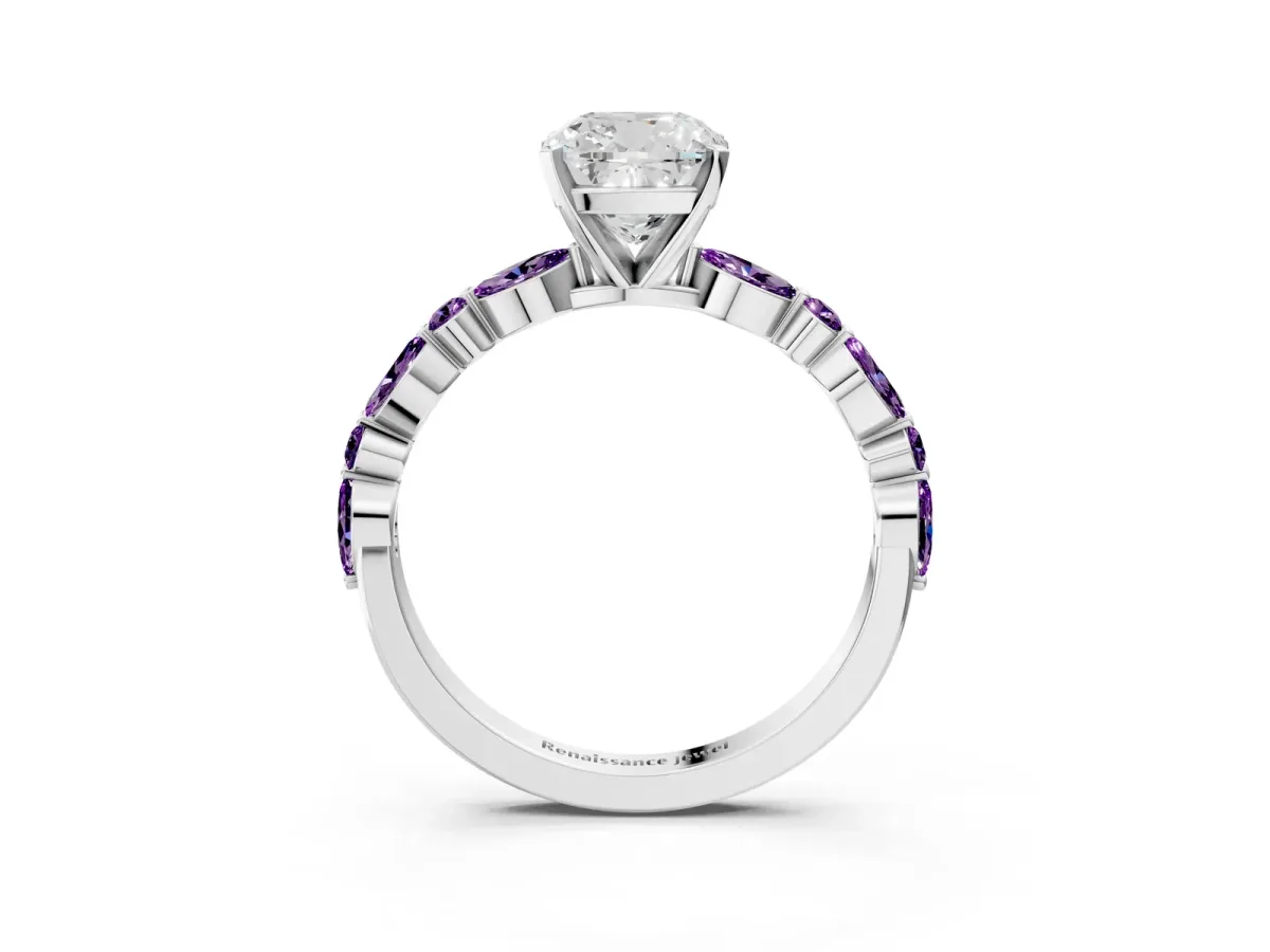 Cushion Cut Diamond Ring with Marquise and Round Amethyst Side Stones and Four-Prong Setting White gold