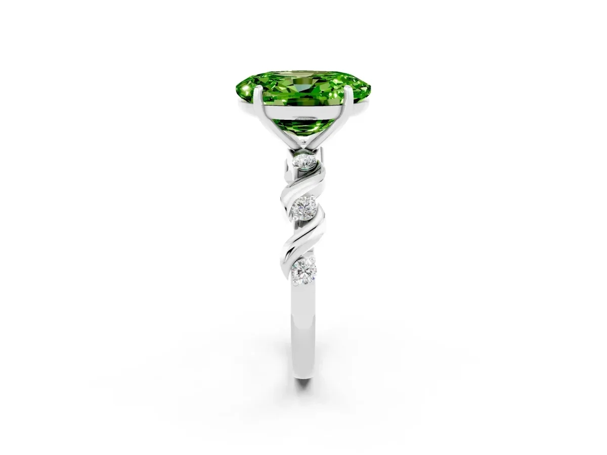 Oval Cut Peridot Solitaire Twisted Band with Round Accents and Prong Setting Silver