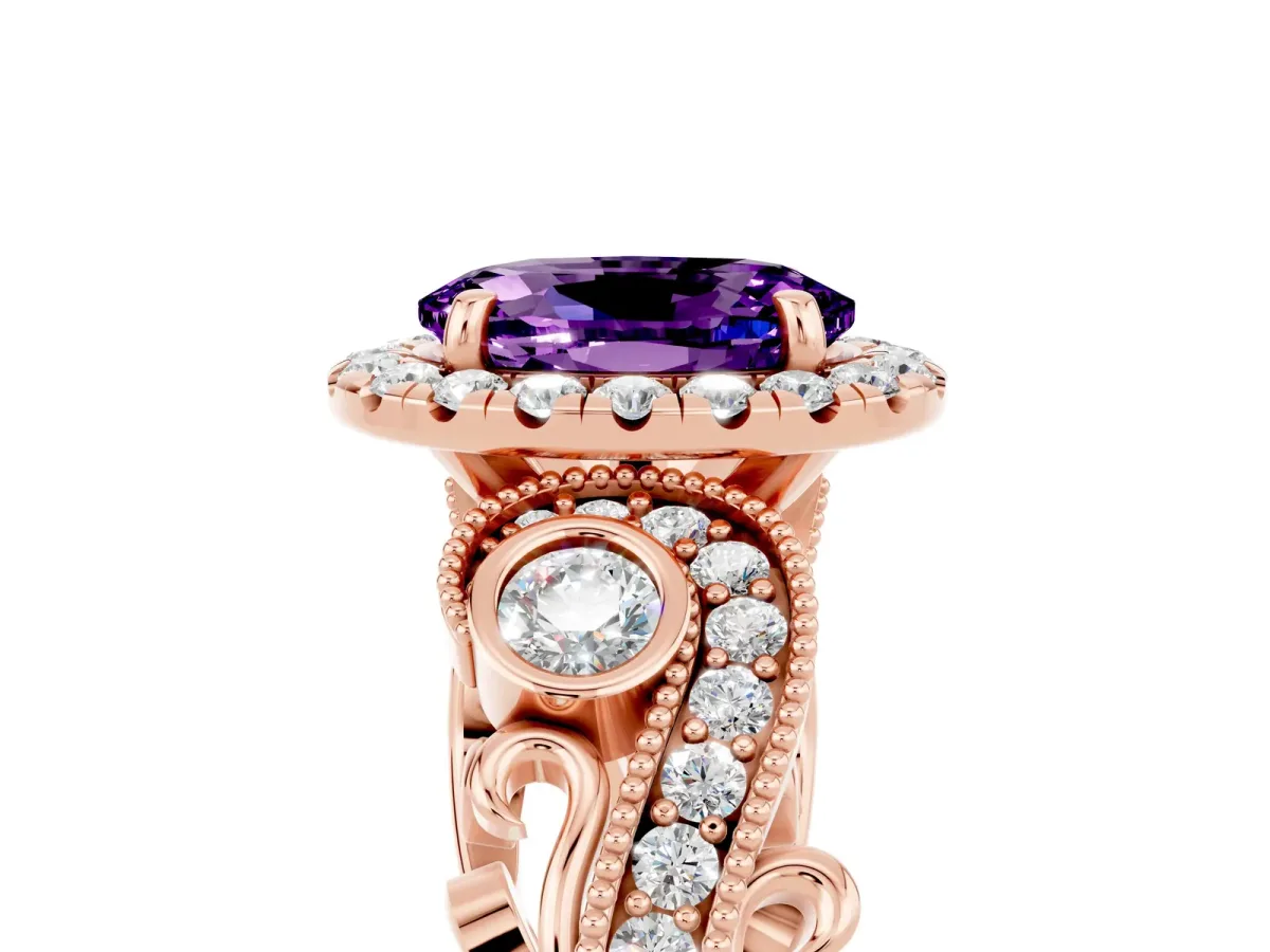 Oval Cut Amethyst Halo Ring with Milgrain Pavé Band and Four-Prong Setting Rose gold