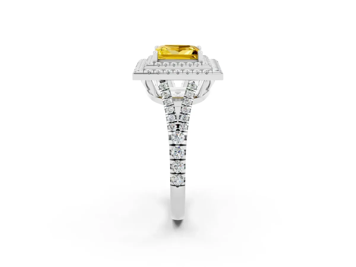 Princess Cut Yellow Sapphire Double Halo Ring with Pavé Band and Prong Setting White gold