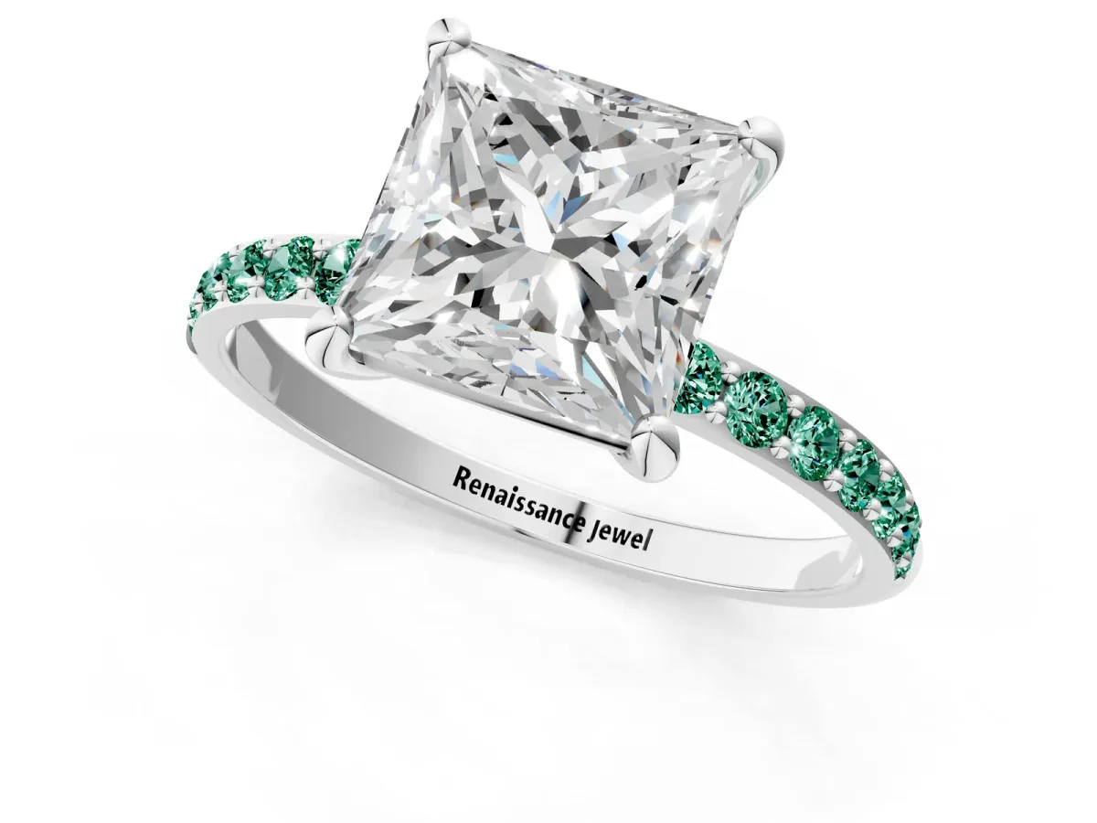 Princess Cut Diamond Solitaire Ring with Round Green Sapphire Pavé Band and Prong Setting White gold