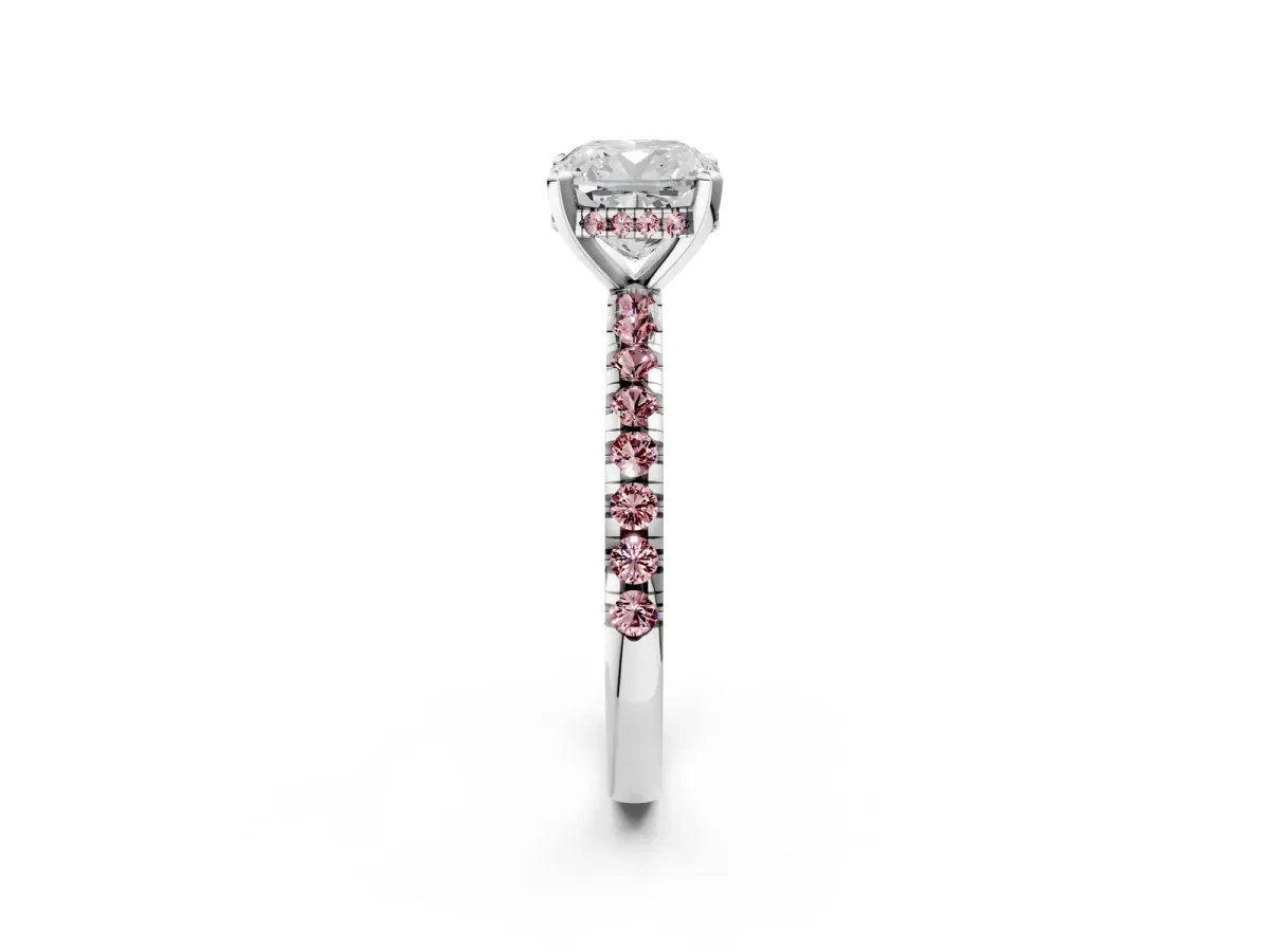 Cushion Cut Diamond Solitaire Ring with Round Morganite Pavé Band and Four-Prong Setting White gold