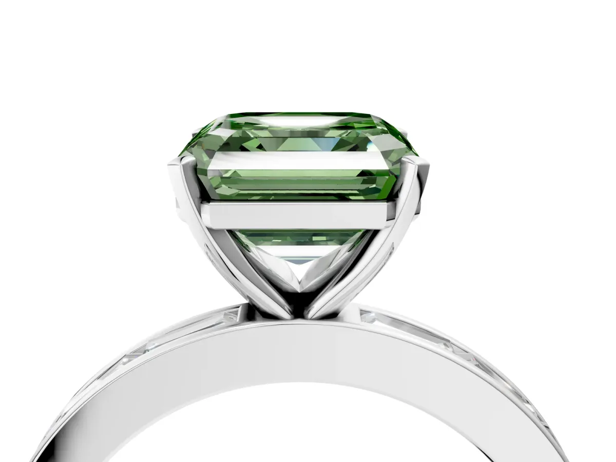 Fancy Green Asscher Cut Solitaire Diamond Ring with Channel-Set Baguette Band and Four-Prong Setting White gold