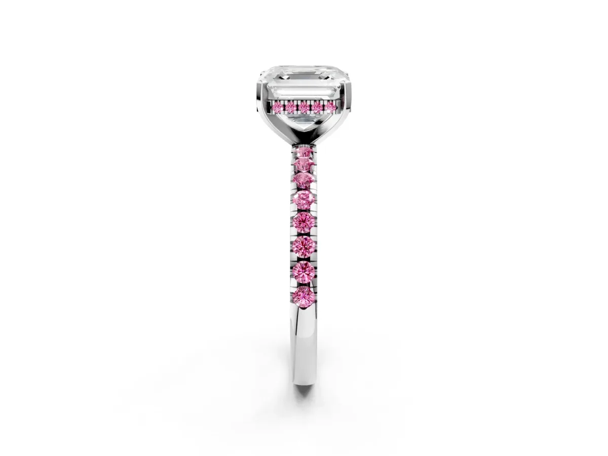 Asscher Cut Diamond Solitaire Ring with Round Pink Sapphire Pavé Band and Four-Prong Setting White gold