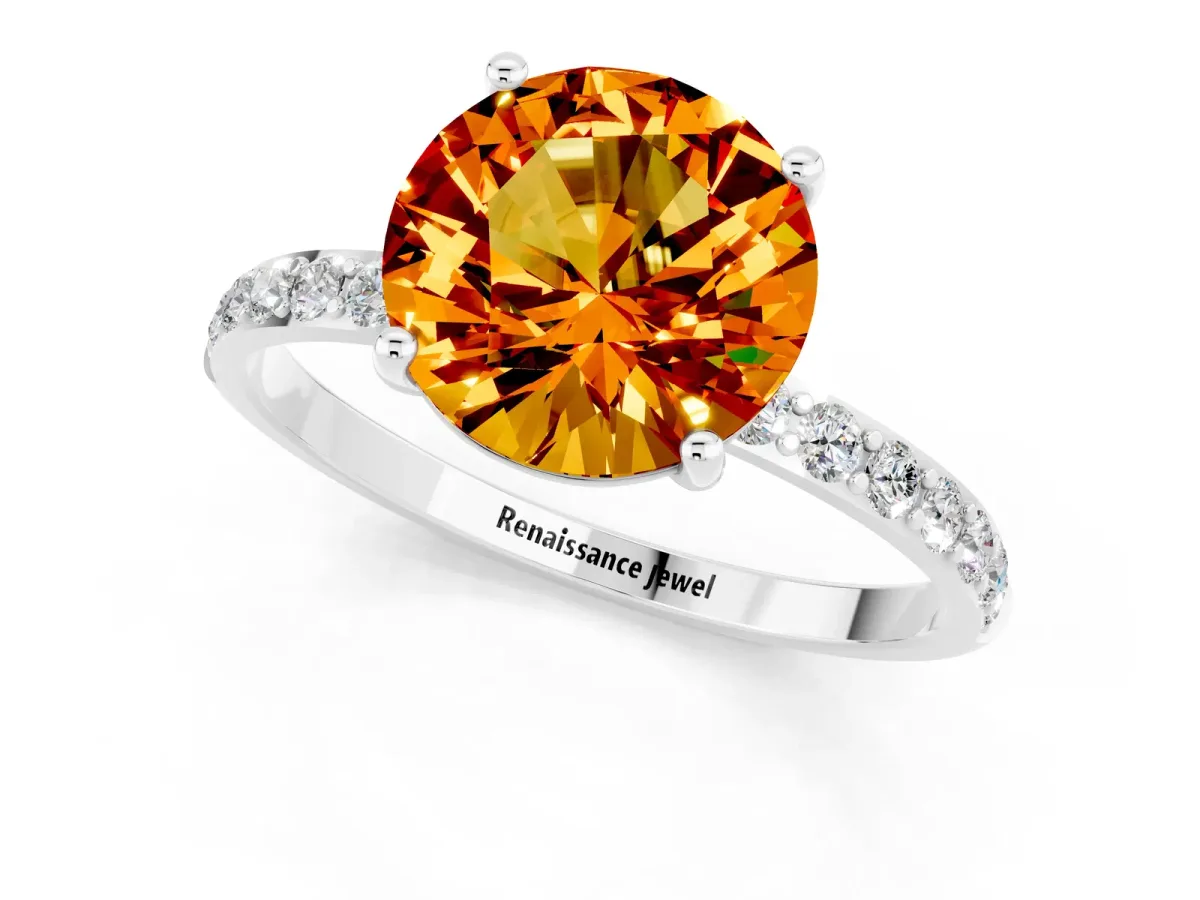 Round Cut Citrine Solitaire Ring with Round Pavé Band and Prong Setting Platinum