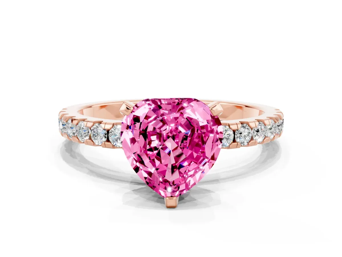 Heart Cut Pink Sapphire Solitaire Ring with Round Pavé Band and Four-Prong Setting Rose gold