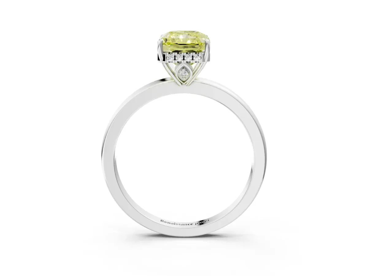 Fancy Yellow Radiant Cut Solitaire Diamond Ring with Prong Setting and Plain Band Silver
