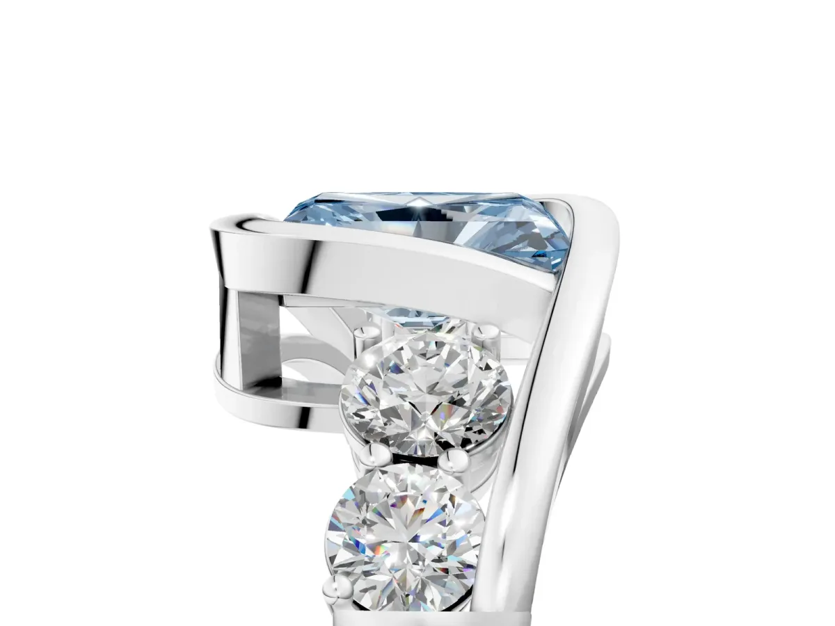 Fancy Blue Bezel Set Radiant Cut Diamond Bypass Ring with Round Accents Platinum
